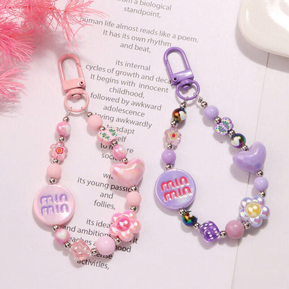 Acrylic Color-plated Heart Love Keychain Cute Flower Beaded Keyring Bag Pendant