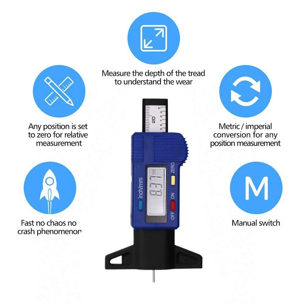 Blue Digital Tyre Depth Gauge Tread Checker Car Tire Tester Brake Shoe Pad Wear