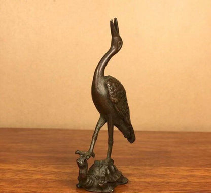 Rare Old Chinese Antique Copper Turtle Crane Statue Animal Netsuke