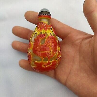 Old Beijing chinese colored glaze snuff bottle glass box gift rooster statue art