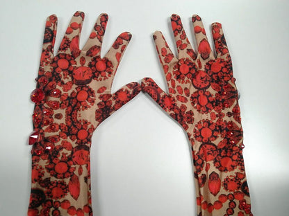 Women Fashion Gloves Red Floral Rhinestone Stretch Sparkling Spandex Long Mitten