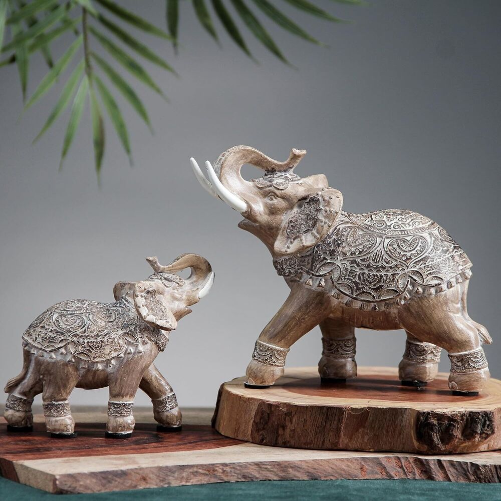 Elephant with Trunks up Statues Bookshelf Tabletop Home Decoration Gift Set of 2