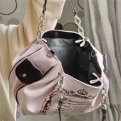 Y2K Vintage Canvas Gothic Style Tote Handbag Embroidery Letter Style Women's Bag