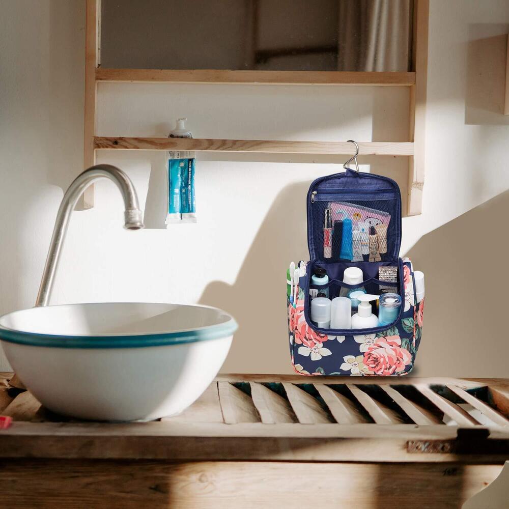 WANDF Hanging Toiletry Bag Travel Cosmetic Organizer Medium, Black Peony