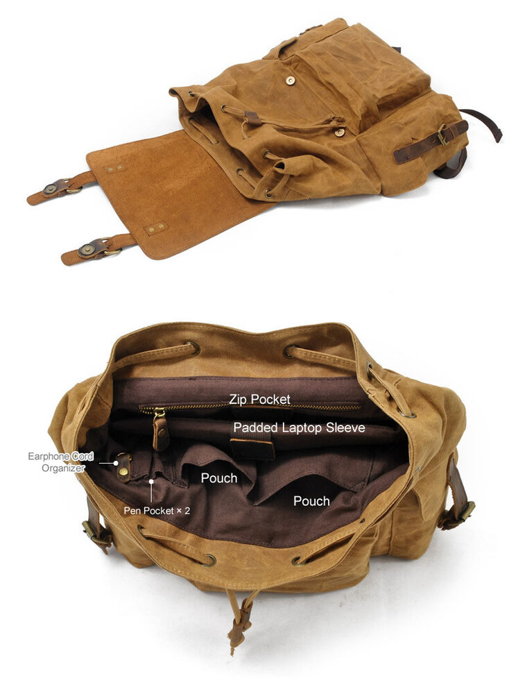 Water Resisant Vintage Waxed Canvas Backpack Hiking Travel Bag 15" Laptop Bag