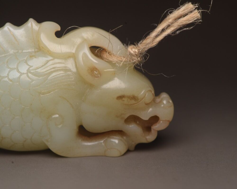 Old Peking Chinese Hetian Jade Carving Dragon Fish Statue Unique Wonderful Art