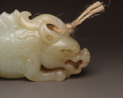 Old Peking Chinese Hetian Jade Carving Dragon Fish Statue Unique Wonderful Art