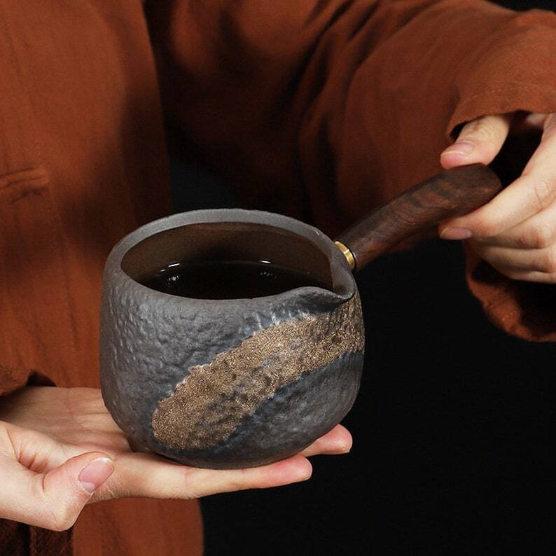 Coarse Ceramic Tea Pitchers Wooden Handle Accessories