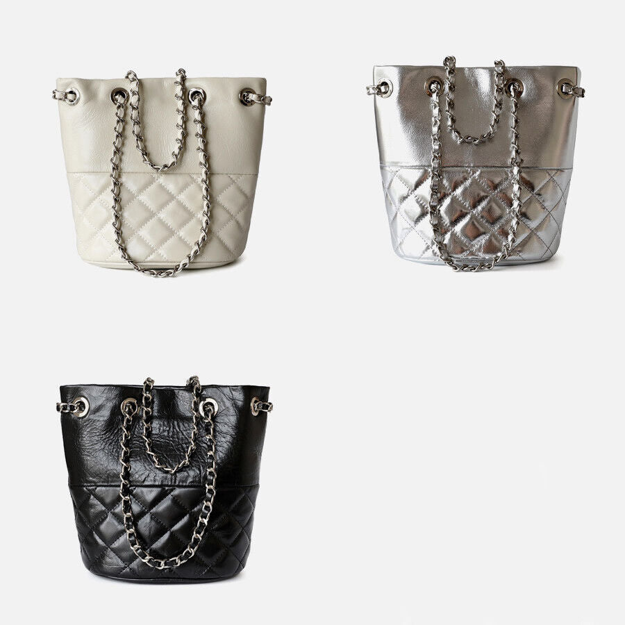 Small Mini Quilted Real Leather Bucket Tote Shoulder Bag Purse Clutch w/ Chain