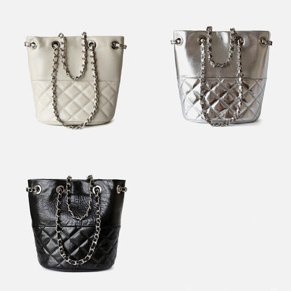Small Mini Quilted Real Leather Bucket Tote Shoulder Bag Purse Clutch w/ Chain