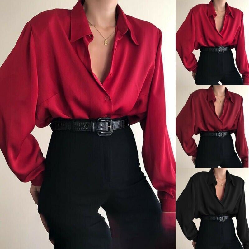 Women Button Blouses Shirts Office Lady Casual Blouse Loose OL Shirt Baggy Tops
