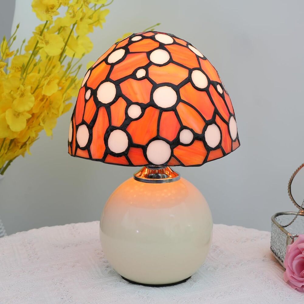 Stained Glass Orange Mushroom Lamp Bedroom Bedside Office Nightstand Accent Led