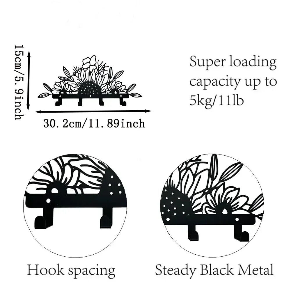 1PC Sunflowers Wall Hanging Storage Rack With 4 Hooks Metal Coat Rack