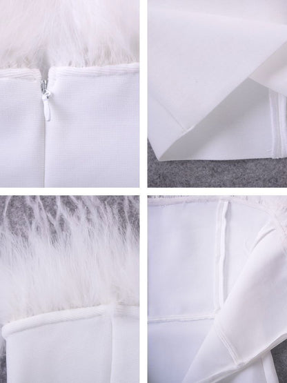 White Sexy Feathers Bandage Dresses For Women Pink Bodycon Dress Club