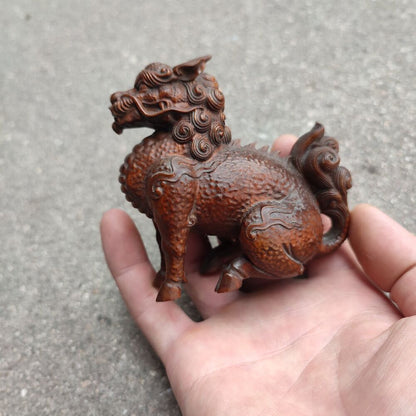 Chinese Unicorn Fabulous Zen Kylin Dragon Statue Figurines Boxwood Carving Gift