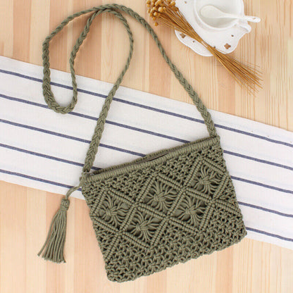 Boho Woven Handbag Women Summer Beach Cotton Tassel Bag Rattan Shoulder Ladies