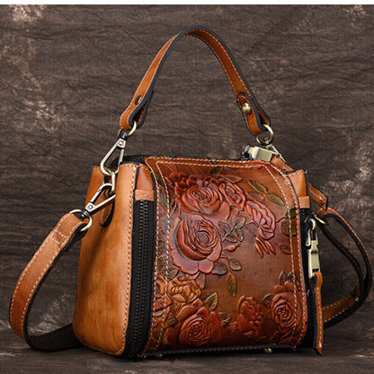 Genuine Leather Floral Embroidered Vintage Handbag Women's Tote Shoulder Bags