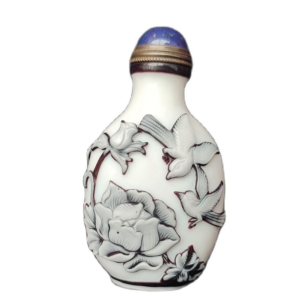 Old Peking Carved Glass Snuff Bottle Display Lotus Flower Bird Statue Landscape