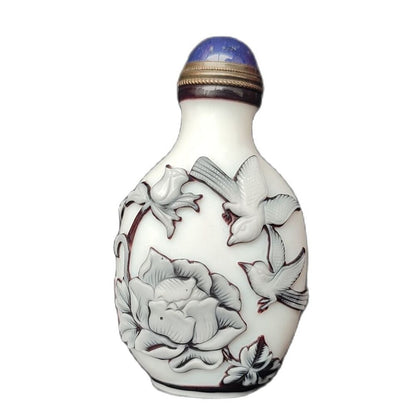 Old Peking Carved Glass Snuff Bottle Display Lotus Flower Bird Statue Landscape
