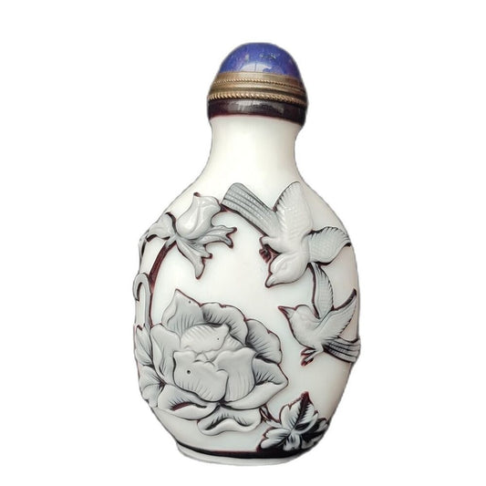 Old Peking Carved Glass Snuff Bottle Display Lotus Flower Bird Statue Landscape