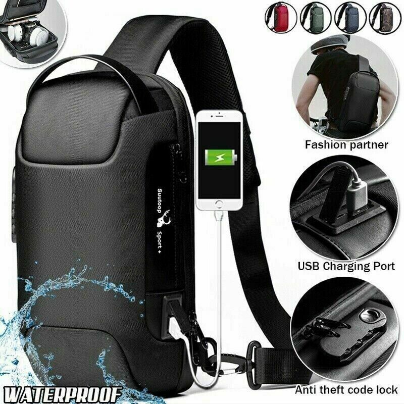 Men's Chest Sling Bag Crossbody School Bookbag Travel Shoulder Backpack USB Port