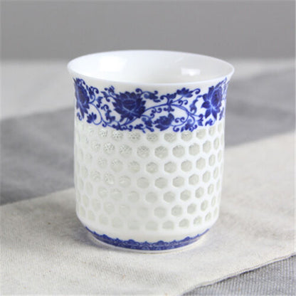 100ml Ceramic Tea Cup Blue White Cup For Coffee/tea Floral Hollow-out Design Cup