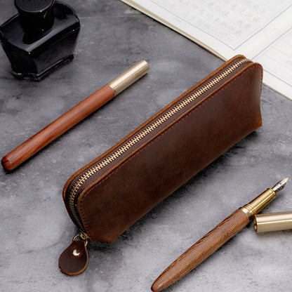 Handmade Cowhide Leather Vintage Zipper Pen Pencil Case Stationery Storage Bag