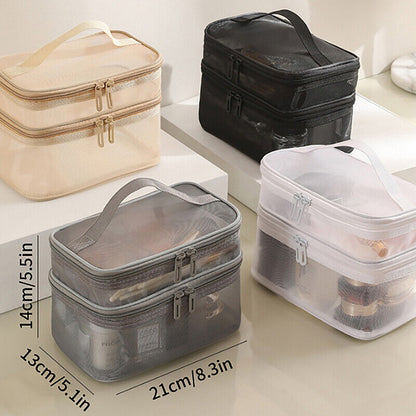 Clear Mesh Double Layer Portable Large Case Cosmetic Storage Bag Pouch Case