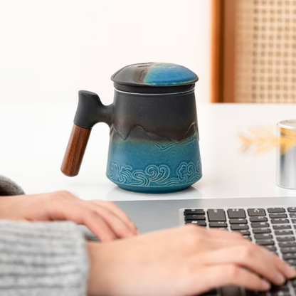 Ceramic Tea Mug with Strainer Mountain and Waves Tea Cup 450ml