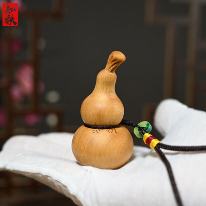 Cliff Cypress Wood Carved Gourd with A "福禄双全" Keychain Pendant Handicraft