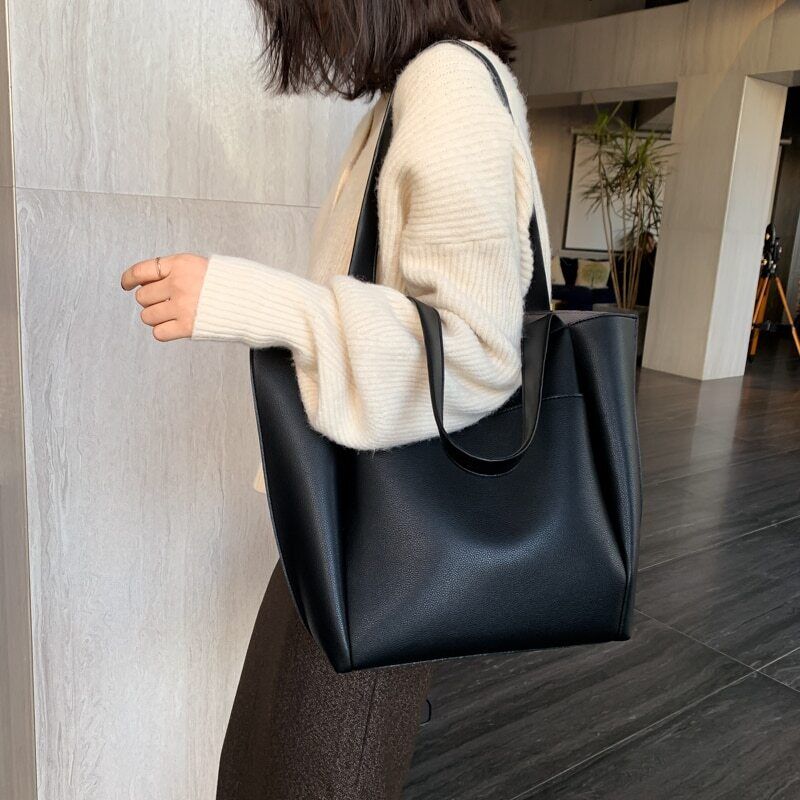 Leather Woman Tote Shopper Handbags Single Shoulder Bag with Outer Pocket