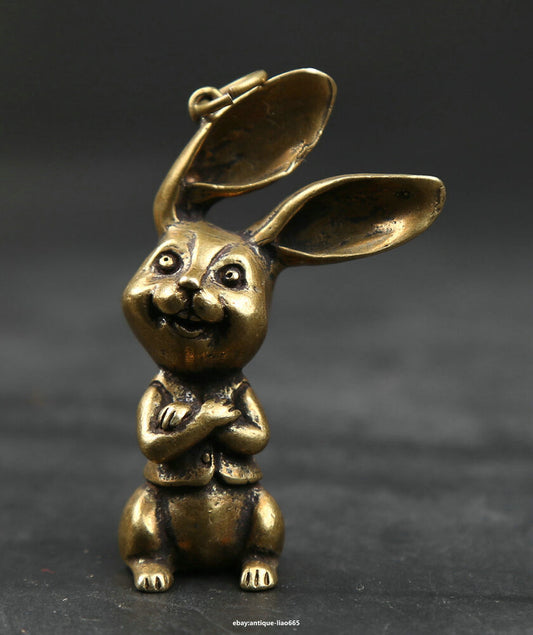 48MM Small Curio China Bronze Lovable Zodiac Animal Rabbit Wealth Statue Pendant
