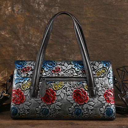 Genuine Leather Floral Embroidered Vintage Handbag Women's Tote Shoulder Bags