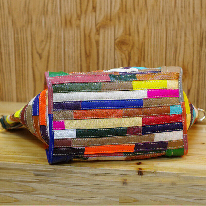 Women's Bag Luxury Genuine Leather Tote Colorful Blocks Patchwork Crossbody Bag