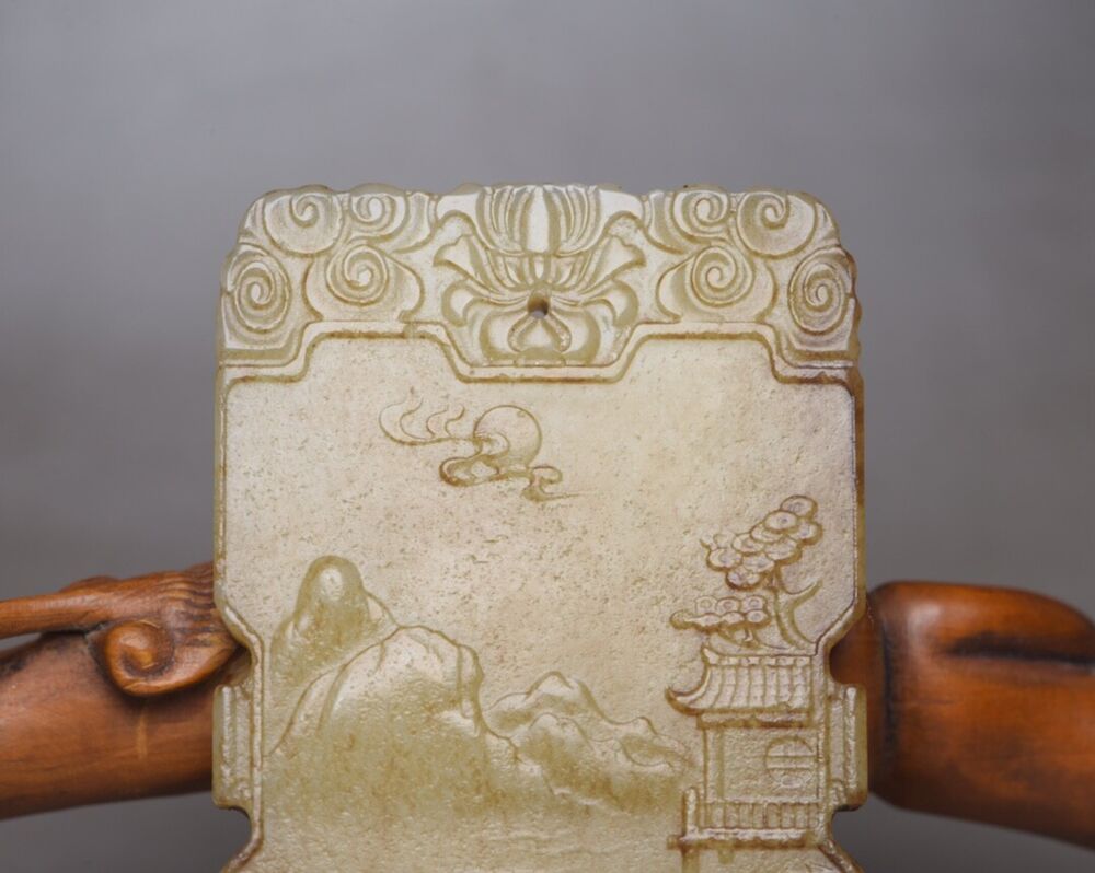 Chinese Natural Hetian Jade Carved Landscape Statues Exquisite Pendant Jewelry