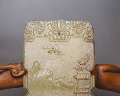 Chinese Natural Hetian Jade Carved Landscape Statues Exquisite Pendant Jewelry