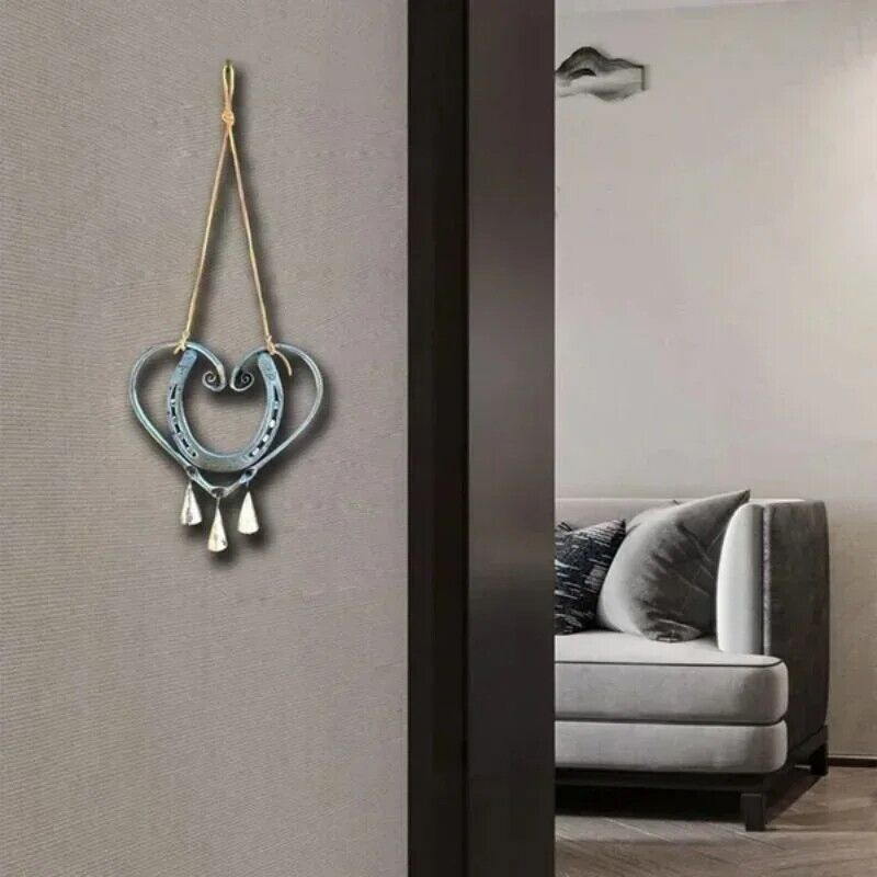 Wind Chimes Meta Horseshoe Heart Bell Steel Studs Home Decor Pendant 9.84x7.87in