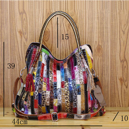 Women's Genuine Leather Snake Stripes Colorful Handbag Shoulder Satchel Tote Bag