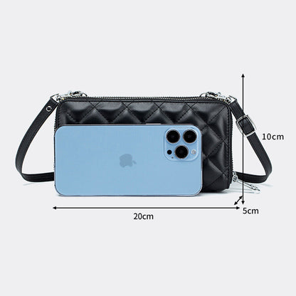 Genuine Leather Women Double Zip Wallet Phone Bag Crossbody Shoulder Pack Black