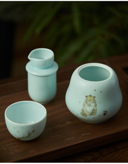 3Pcs set Ceramic cup Sake wine Warming kettle Hot Saki Set with Cat Design