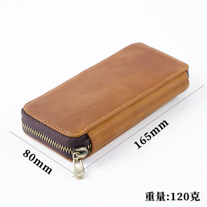 Handmade Cowhide Leather Zipper Pen Case, Pencil Case Stationery Storage Bag