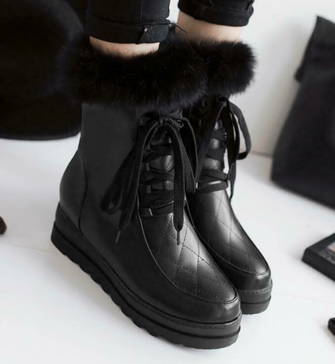 Winter Womens Warm Fur Lace Up High Wedge Inside Platform Ankle Snow Boots Shoes
