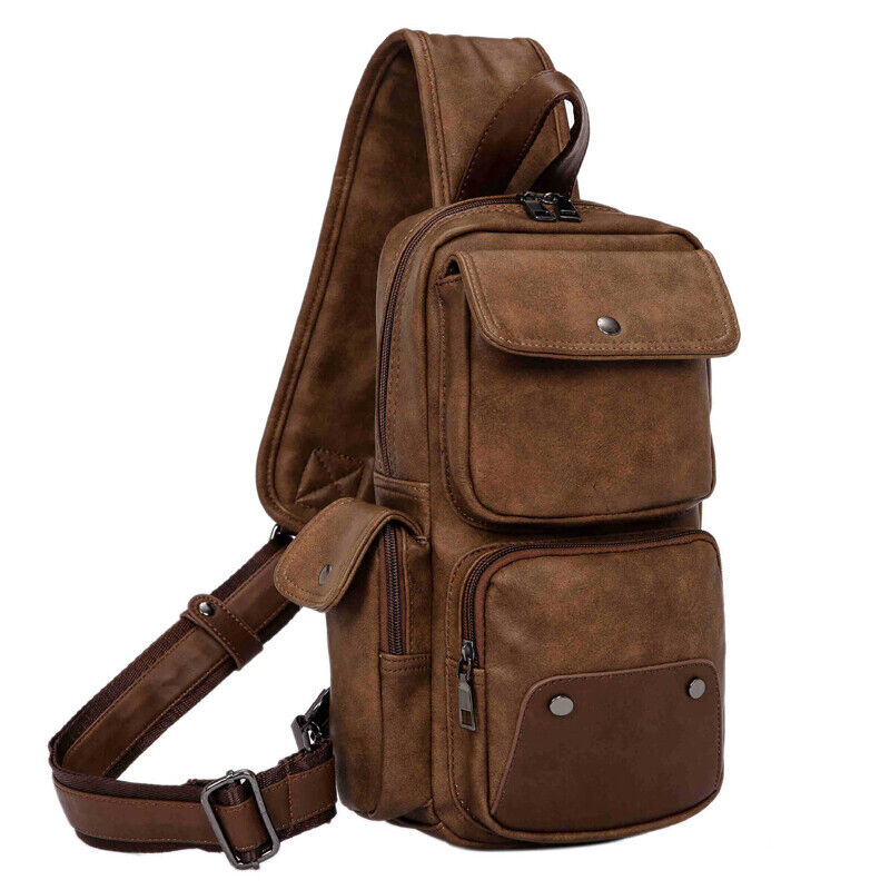Men's Sling Backpack Faux Leather Large Capacity Chest Bag Crossbody Daypack