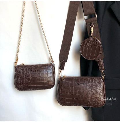 Vintage Shoulder Bag Wide Strap Crocodile Print Crossbody Bag 120CMChain Leather