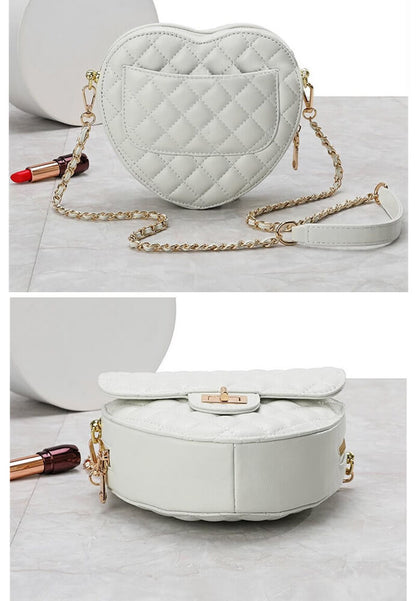Small Mini Quilted Sheepskin Leather Heart Bag Clutch Shoulder Purse w/ Chain