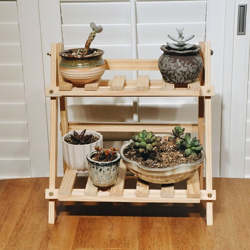 Wooden Double Layer Shelves Flowerpot Sundries Storage Shelf Home Organizer