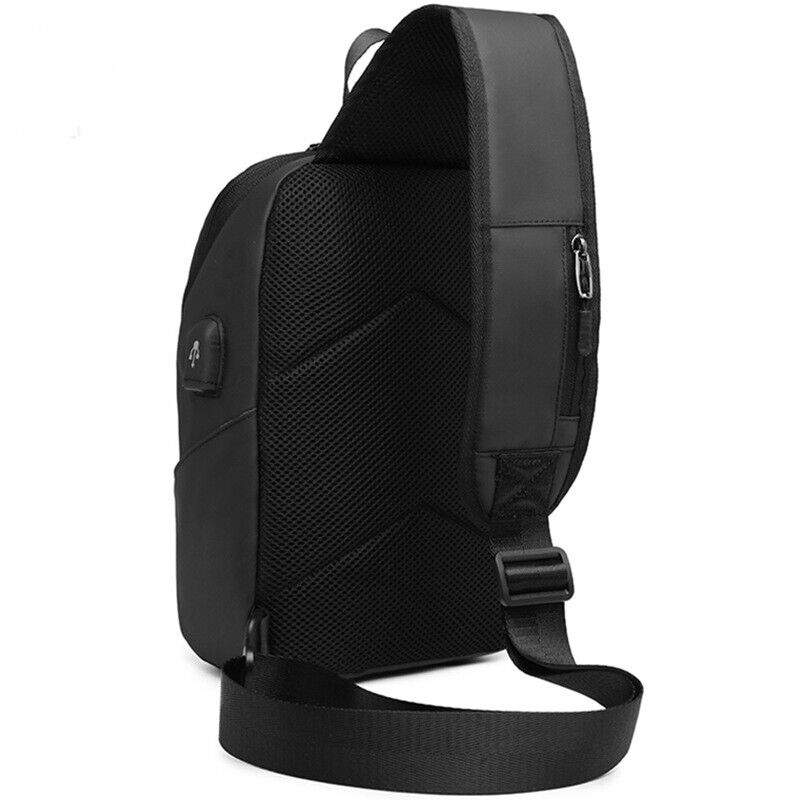 Mens Black Sling Backpack Oxford cloth Waterproof Crossbody Bag USB Port Outdoor