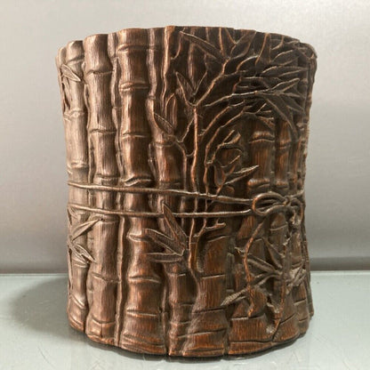 chinese bamboo carving antique carved brush pot pen case wood statue bamboo leaf