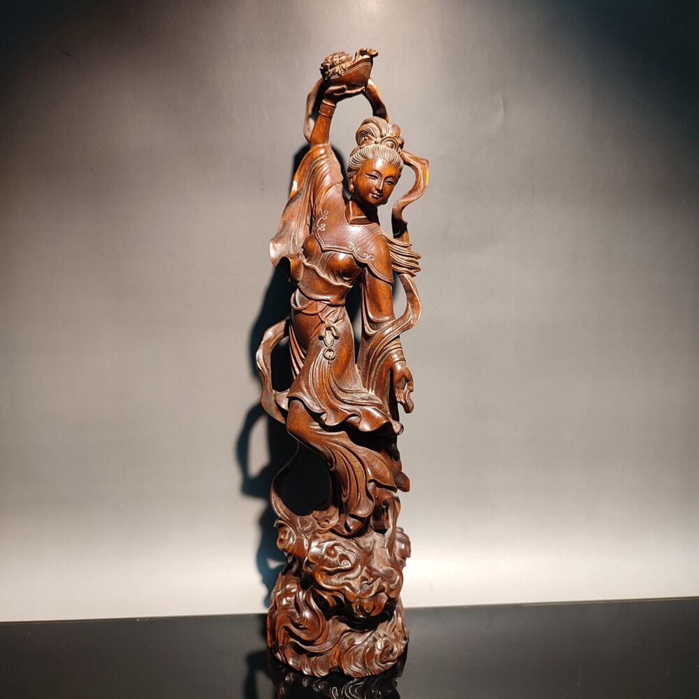 10"chinese carved wood statue pretty woman home decor carving figure wooden gift