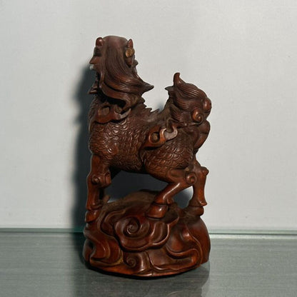 Chinese Boxwood Carving Unicorn Statue Decoration Woodwork Figurines Craft Gift